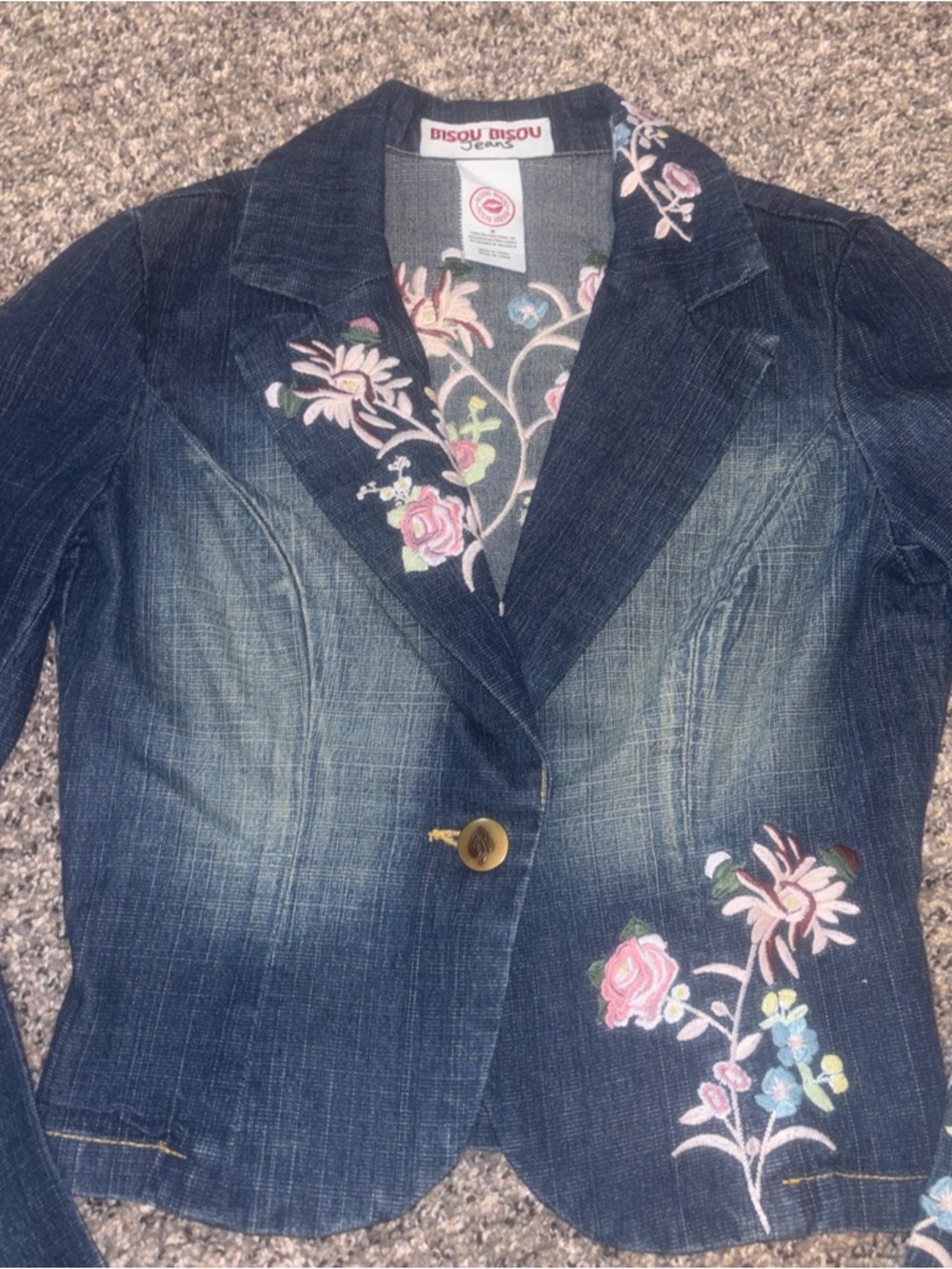 Bisou Bisou Dark Blue Denim Blazer with Pink Floral Embroidery